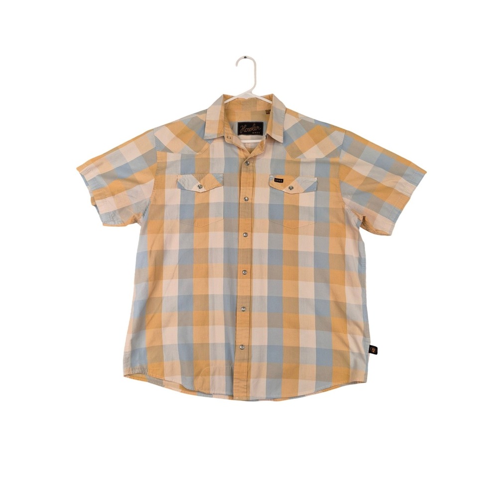 Howler Brothers Gaucho Snap Shirt Mens Sz L Gold Blue Plaid Short Sleeve Western